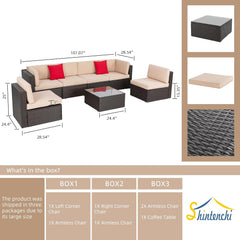 7 Pieces Patio Furniture Sets Outdoor All-Weather Sectional Patio Sofa Set PE Rattan Manual Weaving Wicker Patio Conversation Set with Glass Table&Ottoman Cushion and Red Pillows, Beige