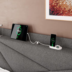 Full Size Bed Frame with Charging Station, Linen Platform Bed Frame with Wingback Headboard Upholstered Bedframe, Solid Wood Slats Support, No Box Spring Needed, Easy Assembly, Dark Grey