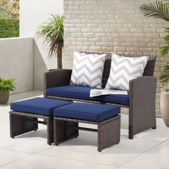 Outdoor Loveseat 3 Piece Patio Furniture Set Outdoor Conversation Set All-Weather Wicker Love Seat with Ottoman/Side Table, Brown Rattan, Dark Grey
