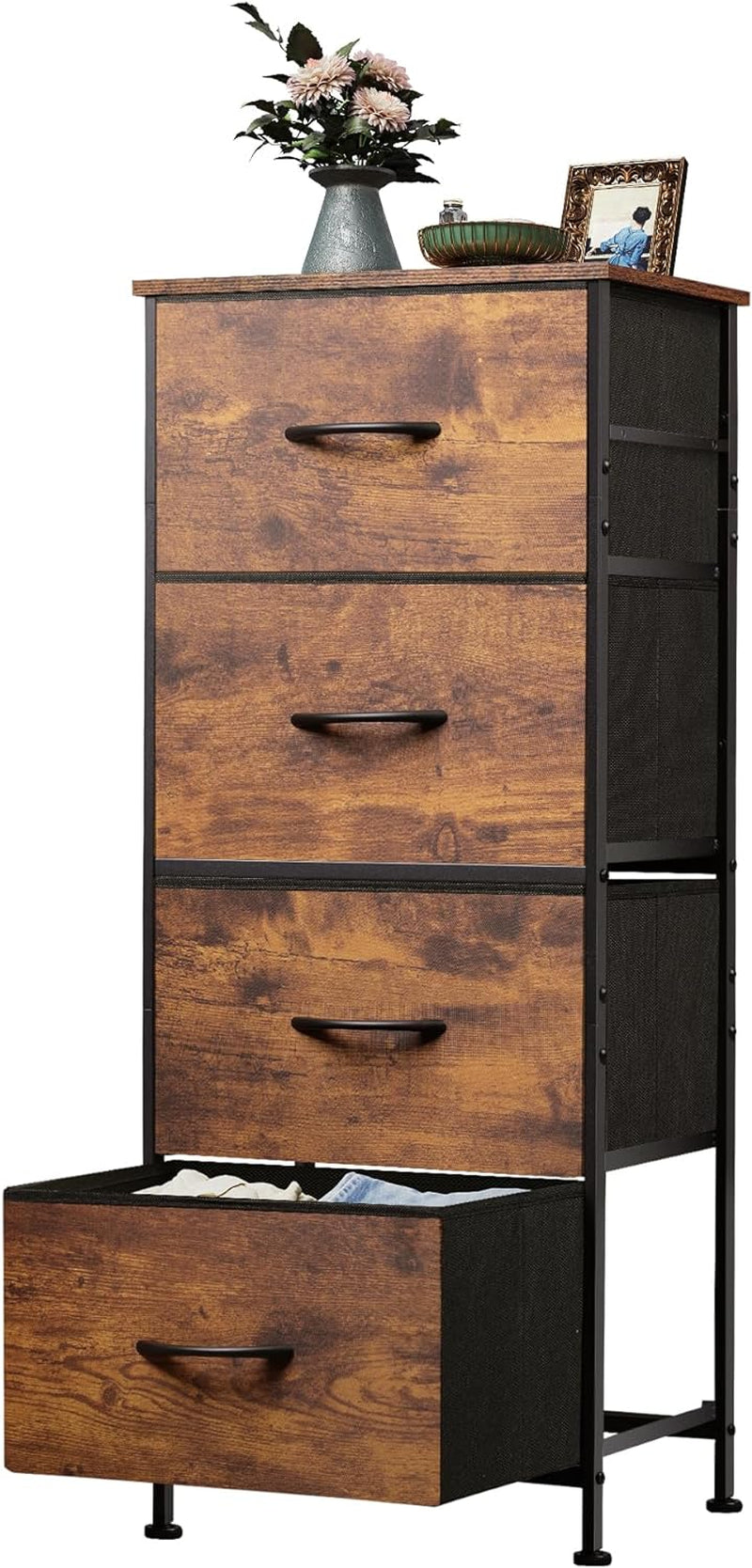 Dresser with 4 Drawers, Fabric Storage Tower, Organizer Unit for Bedroom, Hallway, Entryway, Closets, Sturdy Steel Frame, Wood Top, Easy Pull Handle, Rustic Brown Wood Grain Print