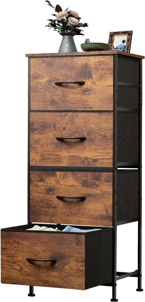 Dresser with 4 Drawers, Fabric Storage Tower, Organizer Unit for Bedroom, Hallway, Entryway, Closets, Sturdy Steel Frame, Wood Top, Easy Pull Handle, Rustic Brown Wood Grain Print