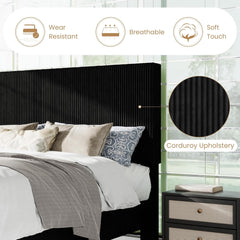 Full Bed Frame, Velvet Platform Bed Frame with Vertical Channel Tufted Headboard, Upholstered Corduroy, Strong Wooden Slats, Mattress Foundation, No Box Spring Needed, Easy Assembly, Black