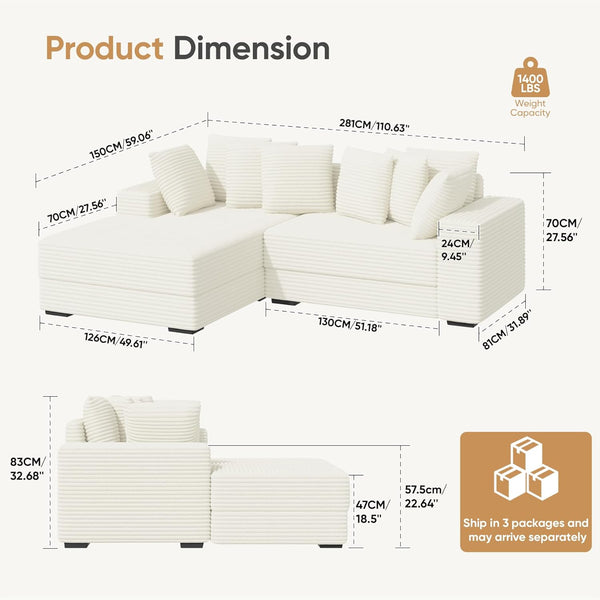 111" Beige Cloud Sectional Sofa - Reversible Sleeper Couch with 8 Pillows