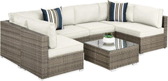 7-Piece Modular Outdoor Sectional Wicker Patio Conversation Set W/ 2 Pillows, Coffee Table, Cover Included - Gray/Cream