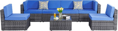 5 Pieces Outdoor Patio Sectional Sofa Couch, Silver Gray PE Wicker Furniture Conversation Sets with Washable Cushions & Glass Coffee Table for Garden, Poolside, Backyard (Aegean Blue)