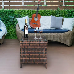 Outdoor Wicker Side Table Patio Side Tables for Outside, Tempered Glass Top Wicker Table with Storage End Table for Balcony Porch Deck (Brown)