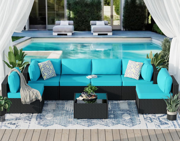 7 Piece Outdoor Patio Furniture Set, PE Rattan Conversation Sofa Set, Wicker Sectional Sofa Set with Cushions Couch Set & Coffee Table for Outside, Garden, Balcony, Light Blue