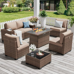 Patio Furniture Sets, 7 Pieces Outdoor Rattan Sectional Sofa Set with Glass Table and Cushions, Wicker Patio Conversation Set for Outdoor Indoor Backyard Lawn Garden Porch (Grey)