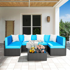 7-Piece Outdoor Sectional Furniture Set, All-Weather Wicker Patio Sofa with Washable Cushions, Gray Waterproof Rattan Conversation Set for Backyard, Poolside, Garden (Gray Cushions)