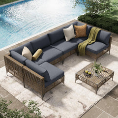 Outdoor Sectional Furniture Chair Set with Cushions and Coffee Table,Patio PE Rattan Wicker Sofa, 7 Piece