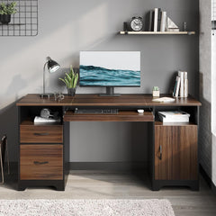 59” Executive Desk with 2 Drawers, Computer Desk with Storage Cabinet, Industrial Wood Desk with File Drawer, Keyboard Tray & 2 Pedestals for Home Office & Studio, Gray