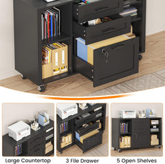 3 Drawer Wood Lateral File Cabinet with Lock, Rolling Mobile Filing Cabinet with Open Storage Shelves, Printer Stand Office Storage Cabinet for Home Office Fits Files Legal/A4 Size, Black