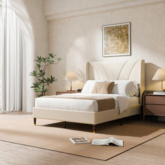 Full Size Bed Frame with 51.2" Tall Curved Wingback Headboard, Linen Upholstered Platform Bed, Soft Fabric/Noise-Free/Wooden Slats Support/No Box Spring Needed/Easy Assembly, Beige