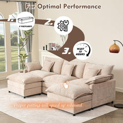 108" U Shaped Couch, Modular Sectional Sofa, 3-Seater Comfy Cloud Couch with Movable Ottoman, Deep Seat Couches for Living Room, Chenille, Flat White