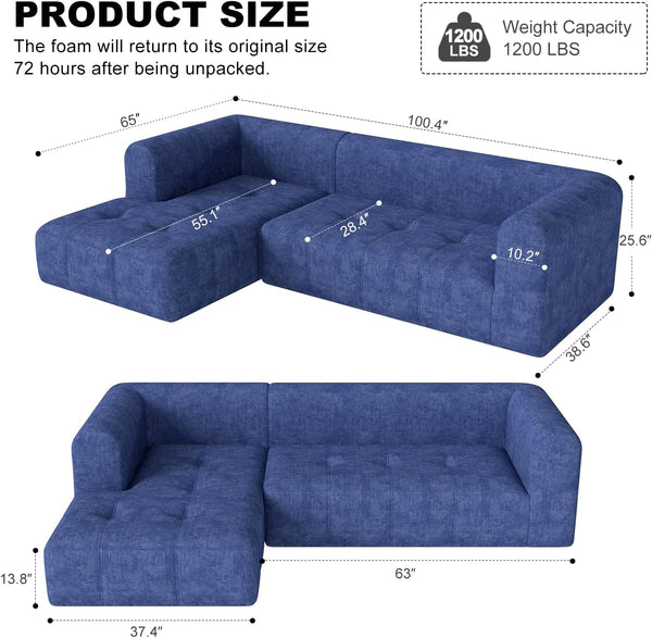 101" Modular Sectional Sofa - Boneless Cloud Couch with Deep Seat, No Assembly Required, Blue