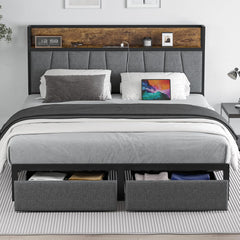 Queen Size Bed Frame with Headboard and Storage, Drawers Platform Bed Frame with Storage Chargin Station LED Light Bedframe, Heavy Duty, No Box Spring Needed
