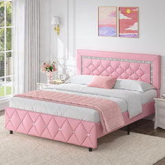 Queen Bed Frame with Diamond Headboard, Faux Leather Upholstered Platform Bed, Mattress Foundation, No Box Spring Needed, Easy Assembly, Pink