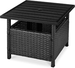 Wicker Side Table with Umbrella Hole, Square PE Rattan Outdoor End Table for Patio, Garden, Poolside, Deck W/Uv-Resistant Frame, Storage Space - Gray