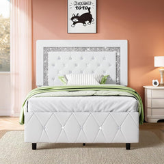 Queen Bed Frame with Diamond Headboard, Faux Leather Upholstered Platform Bed, Mattress Foundation, No Box Spring Needed, Easy Assembly, Pink