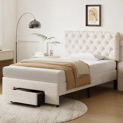 Full Size Bed Frame with 2 Storage Drawers, Upholstered Bed Frame with Adjustable Diamond Headboard, Velvet Modern Platform Bed Frame, No Box Spring Needed, Easy to Assemble, Beige