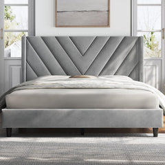 Queen Bed Frame Upholstered Platform Bed with Wing Side/Wooden Slat Support/Tufted Headboard with Wing Side/Mattress Foundation/No Box Spring Needed,Beige Queen Bed