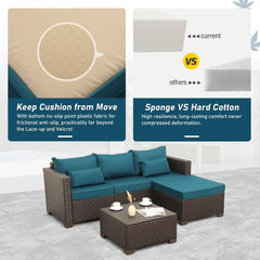 3 Pieces Patio Furniture Set Outdoor Sectional Wicker Patio Furniture Patio Couch with Ottoman and Outdoor Storage Table with Lining Weathering Anti-Slip Cushions Waterproof Covers, Peacock Blue