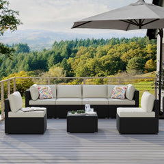 7-Piece Outdoor Patio Furniture Set – Handwoven All-Weather Rattan & 4” Thick Waterproof Cushions, Wicker Outdoor Conversation Sets with Coffee Table for Deck, Backyard, Garden