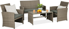 4-Piece Outdoor Wicker Patio Conversation Furniture Set for Backyard W/Coffee Table, Seat Cushions - Gray/Cream