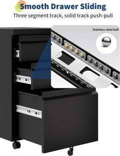 3-Drawer Mobile File Cabinet with Lock Keys | under Desk Lateral Storage Fits Legal Letter A4 | Adjustable Shelf, Easy Assembly Office Home Workspace - Dark Black