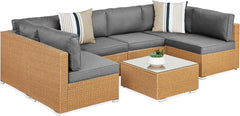 7-Piece Modular Outdoor Sectional Wicker Patio Conversation Set W/ 2 Pillows, Coffee Table, Cover Included - Gray/Cream