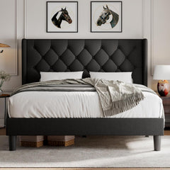 Queen Size Platform Bed Frame with Button Tufted Headboard, Upholstered Bed Frame with Solid Wooden Slats, 8" Underbed Space, No Box Spring Needed, Noise Free, Easy Assembly, Black
