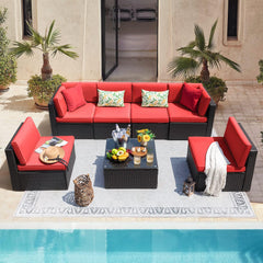 7 Pieces Outdoor Sectional Sofa Patio Furniture Sets Manual Weaving Wicker Rattan Patio Conversation Sets with Cushion and Glass Table (Red)
