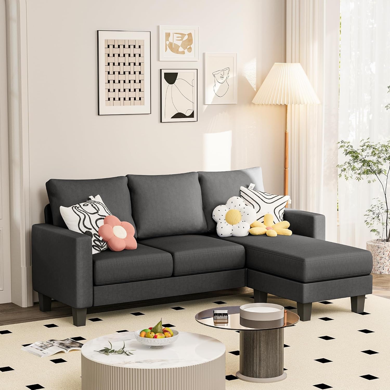 Couch for Small Living Room, 73" Small Sofa with Reversible Ottoman, 3 Seat L-Shaped Sofas, Comfy Couches for Apartment (Linen Fabric, Dark Grey)