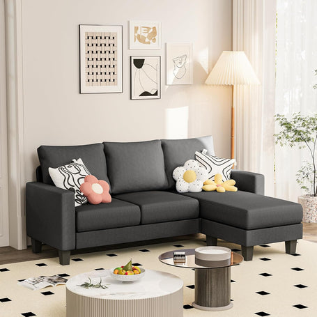 Couch for Small Living Room, 73" Small Sofa with Reversible Ottoman, 3 Seat L-Shaped Sofas, Comfy Couches for Apartment (Linen Fabric, Dark Grey)