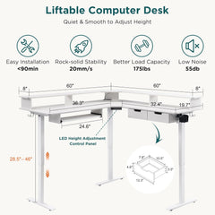 60 Inches L Shaped Electric Standing Desk, Height Adjustable Corner Gaming Desk with Drawers, Keyboard Tray, Power Outlets & LED Lights, Computer Desk with Monitor Shelf, Antique White
