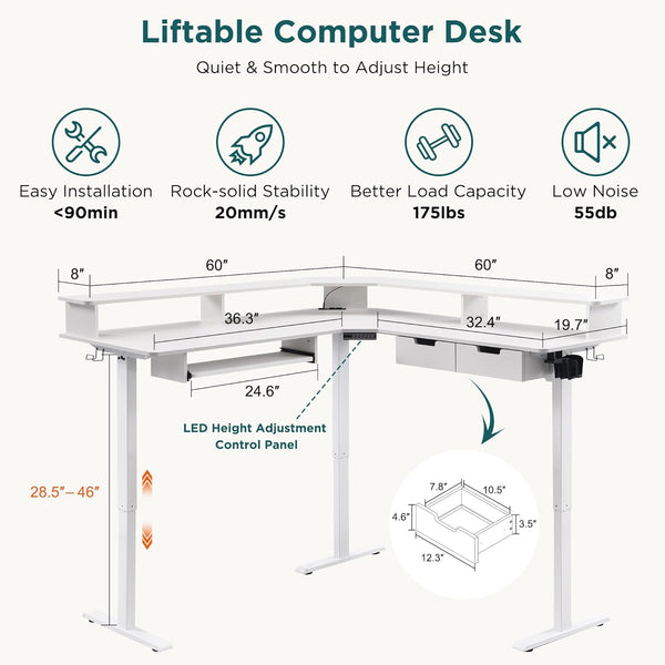 60 Inches L Shaped Electric Standing Desk, Height Adjustable Corner Gaming Desk with Drawers, Keyboard Tray, Power Outlets & LED Lights, Computer Desk with Monitor Shelf, Antique White