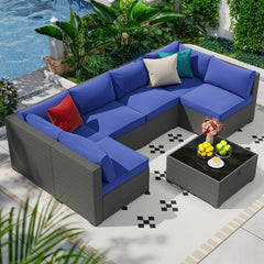 7 Piece Outdoor Patio Furniture Set, Outdoor Sectional Furniture, Rattan & Wicker Modern Modular Conversation Set Sofa Couch W/Water Resistant Washable Thick Cushions and Coffee Table, Coffee/Beige