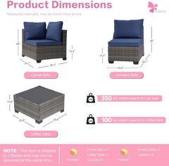 7-Piece Outdoor Rattan Sectional Sofa Set, Gray Wicker Patio Furniture Sets with Navy Blue Cushions for Balcony, Porch, Backyard