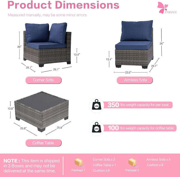 7-Piece Outdoor Rattan Sectional Sofa Set, Gray Wicker Patio Furniture Sets with Navy Blue Cushions for Balcony, Porch, Backyard