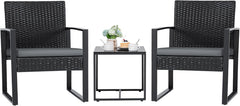 3 Pieces Patio Set Outdoor Wicker Furniture Sets Modern Rattan Chair Conversation Sets with Coffee Table for Yard and Bistro (Black)