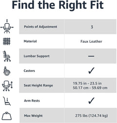 Classic Puresoft PU Padded Mid-Back Height Adjustable Office Computer Desk Chair with Armrest, 26"D X 23.75"W X 42"H, Black