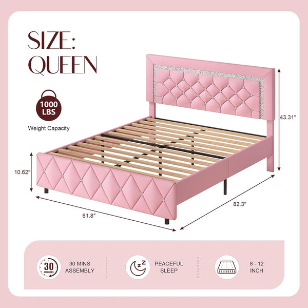 Queen Bed Frame with Diamond Headboard, Faux Leather Upholstered Platform Bed, Mattress Foundation, No Box Spring Needed, Easy Assembly, Pink