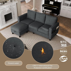 Convertible Sectional Couches for Living Room, L-Shaped Couch 3 Seat Sectional Sofa Set with Polyester Fabric and Movable Ottoman Small Couch for Apartments, Office, Black