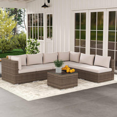 7-Piece Outdoor Patio Furniture Set – Handwoven All-Weather Rattan & 4” Thick Waterproof Cushions, Wicker Outdoor Conversation Sets with Coffee Table for Deck, Backyard, Garden