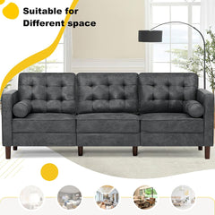 84" Suede Leather Sofa with 2 Soft Pillows, Tufted Modern Sofa with Sturdy Wooden Legs, 3 Seats Couch for Living Room, Office, Bedroom, Grey