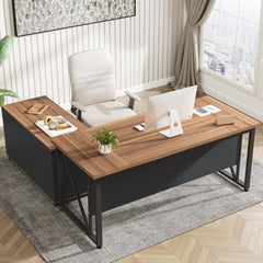 63 Inches Executive Desk and 47" Lateral File Cabinet, L-Shaped Computer Desk Home Office Business Furniture with Drawers and Storage Shelves, Office Table,Brown and Black