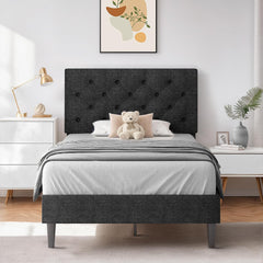 Queen Bed Frame with Headboard, Linen Fabric Upholstered Bed Frame Queen, Wood Slats Support, Button Tufted, No Box Spring Needed, White