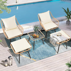 5 Piece Patio Furniture Set, Outdoor Wicker Small Conversation Bistro Set, All-Weather PE Rattan Chairs with Ottoman & Coffee Table, Ideal for Balcony Porch Deck Yard Poolside (Yellow/Beige)