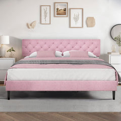 Queen Bed Frame with Headboard, Linen Fabric Upholstered Bed Frame Queen, Wood Slats Support, Button Tufted, No Box Spring Needed, White