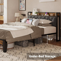 Full Size Bed Frame, Storage Headboard with Outlets, Easy to Install, Sturdy and Stable, No Noise, No Box Springs Needed - Perfect for a Good Night'S Sleep